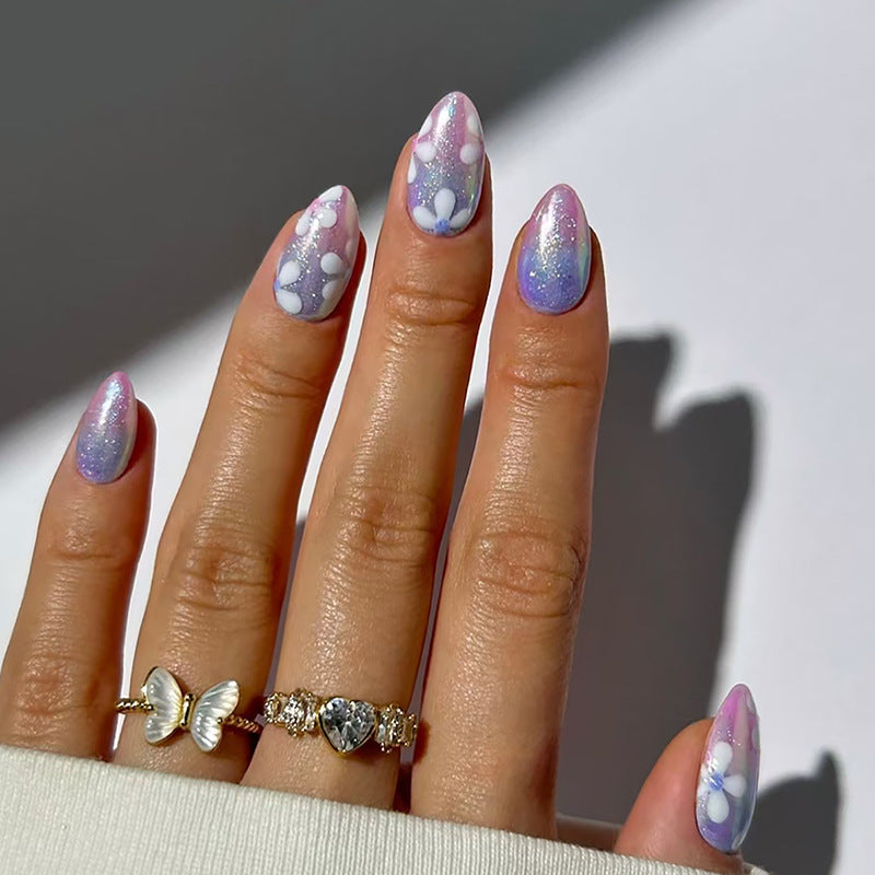 Dreamy Floral Fantasy Long Almond Gradient Purple Press On Nail Set with Dazzling Glitter and Elegant Flower Accents