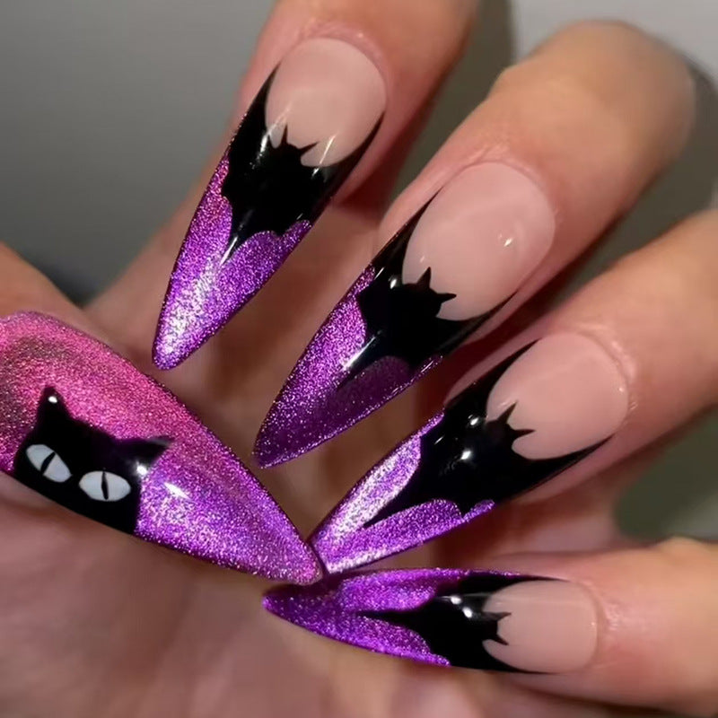 Mystical Cat Night Long Stiletto Purple Press On Nail Set with Black Cat Silhouette Design