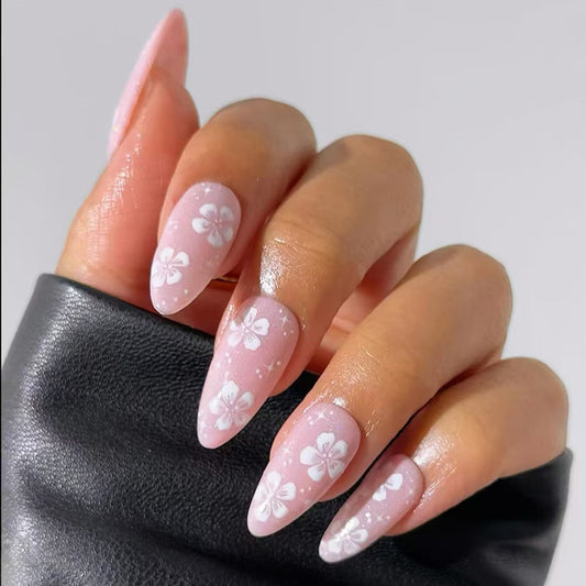 Tropical Blossom Long Almond Pink Press On Nail Set with Floral Art Design