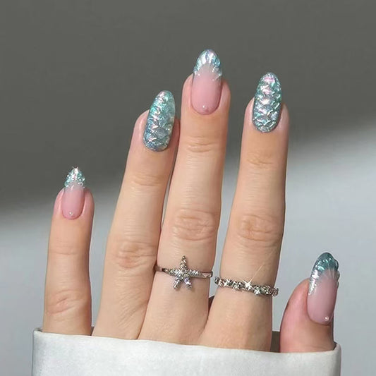 Mermaid Magic Long Almond Shaped Iridescent Blue Press On Nail Set with Glittery Sea Scale Design