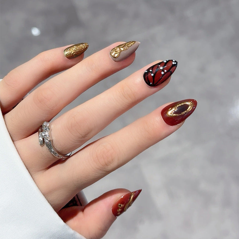 Glamourous Autumn Almond Press On Medium Nail Set in Red Gold and Brown with Artistic Leaf Design