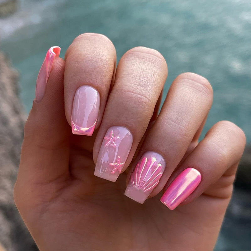 Beach Paradise Long Square Pink Press On Nail Set with Shimmery Shell and Starfish Accents