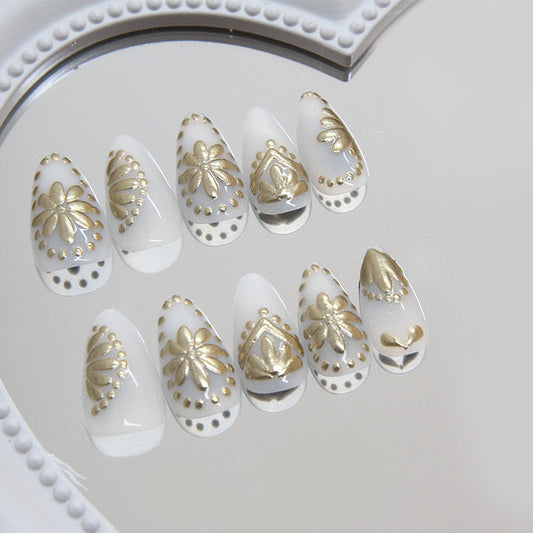 Royal Luxe Long Almond White and Gold Embossed Floral Press-On Nail Set