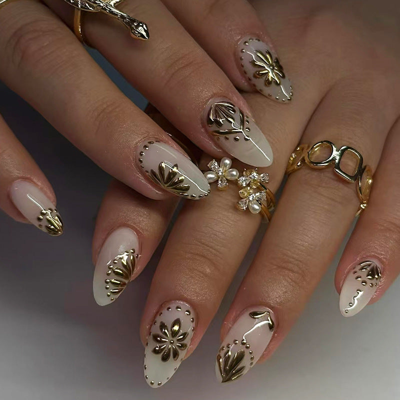 Elegant Floral Fantasy Long Almond White Press On Nail Set with Gold Accent Designs