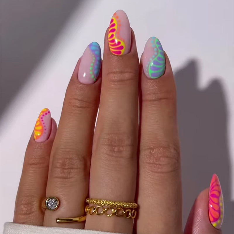 Vibrant Summer Fantasy Long Almond Shaped Pastel Pink Press On Nail Set with Neon Swirl Design