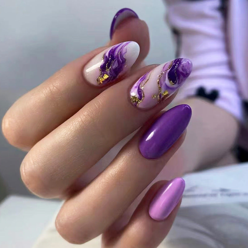 Mystical Purple Dream Long Almond Shape Gradient Purple Press On Nail Set with Gold Swirl Designs