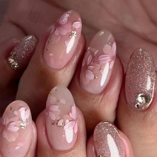 Cherry Blossom Dream Long Almond Pink Glitter Floral Press On Nail Set with Gem Accents