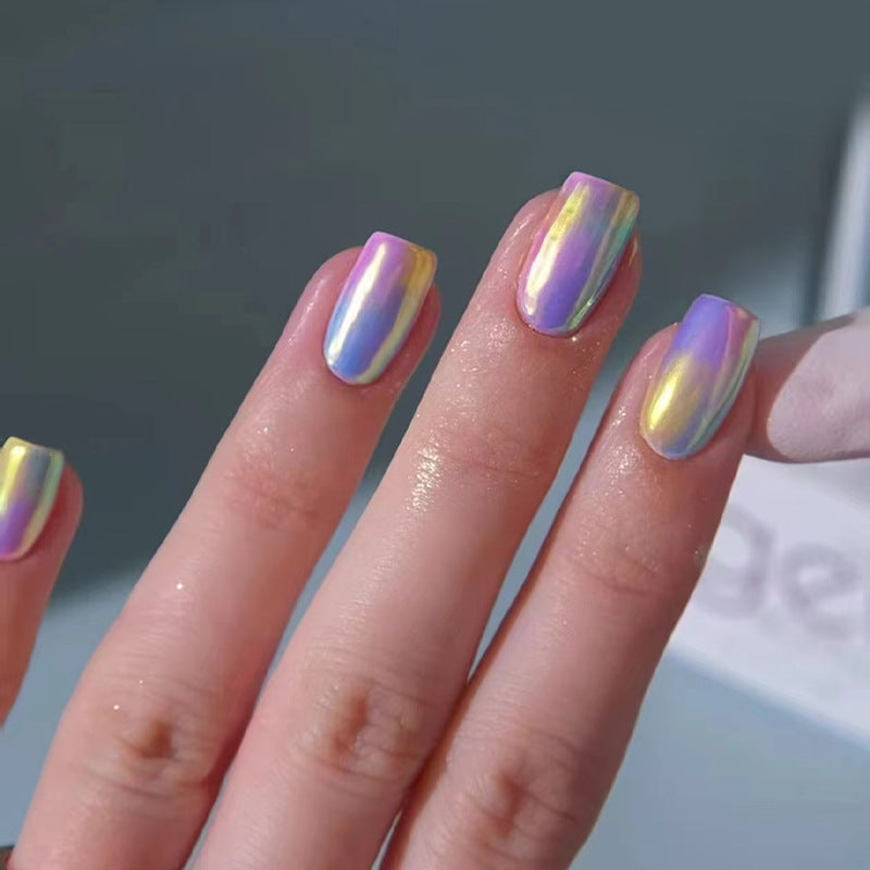 Dreamy Rainbow Aura Medium Square Press On Nail Set with Shimmering Holographic Finish