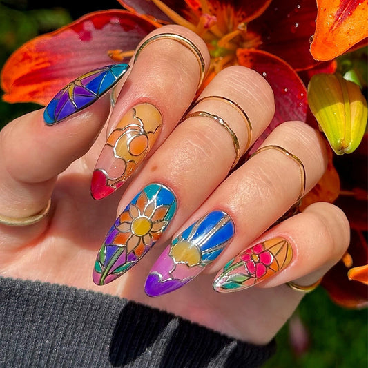 Floral Bliss Long Almond Multicolor Press On Nail Set with Unique Stained Glass Design