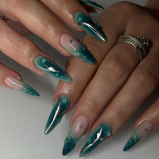 Ocean Breeze Long Stiletto Press On Nail Set in Teal and Pastel Pink with Metallic Accents and Unique Wave Design