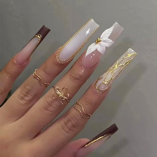 Elegant Floral Whisper Long Square White and Brown Press-On Nail Set with Golden Accents and Unique Flower Design