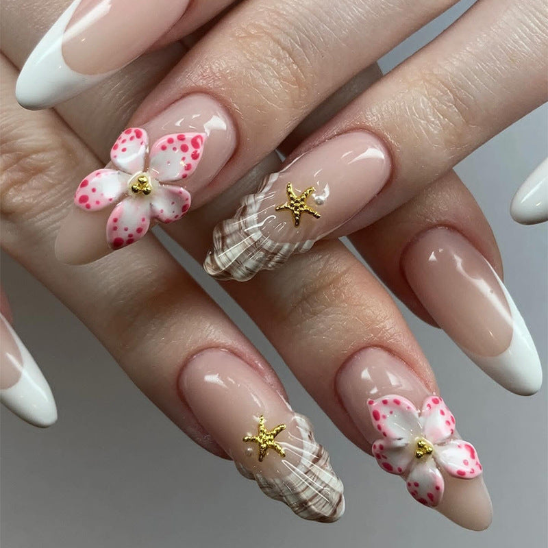 Tropical Breeze Long Almond White Pink Floral and Shell Accent Press On Nail Set