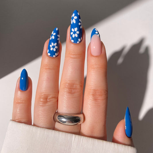 Bohemian Bliss Long Stiletto Blue Floral Press On Nail Set with Charming White Accents