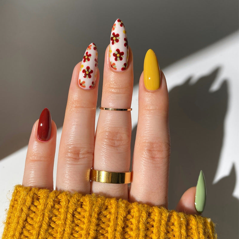 Blossoming Garden Inspired Long Stiletto Shaped Colorful Flower Print Artful Nail Set