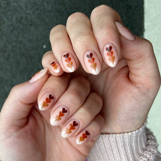 Autumn Blossoms Short Almond Orange and Brown Heart Pattern Press-On Nail Set