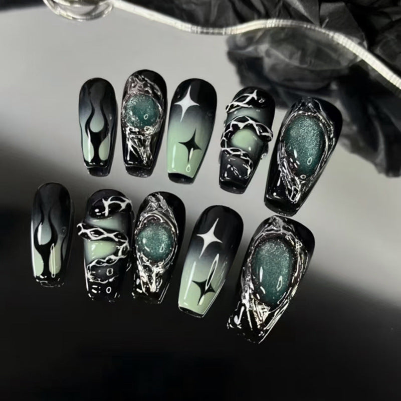 Galactic Elegance Long Coffin Black and Mint Green Press on Nail Set with Cosmic Glitter Accents