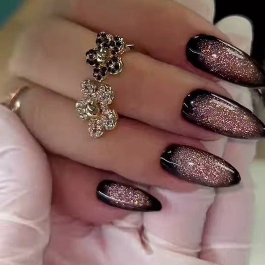 Chic Elegance Long Almond Black and Rose Gold Gradient Glitter Press On Nail Set with Floral Accent