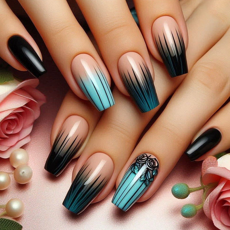 Elegant Ocean Breeze Medium Coffin Gradient Blue and Black Nail Set with Floral Accent