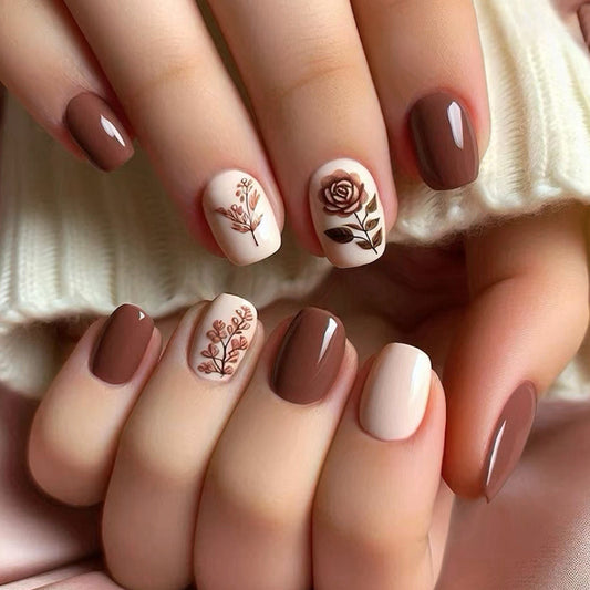 Autumn Elegance Press On Nail Set Short Squoval Brown with Floral Accents