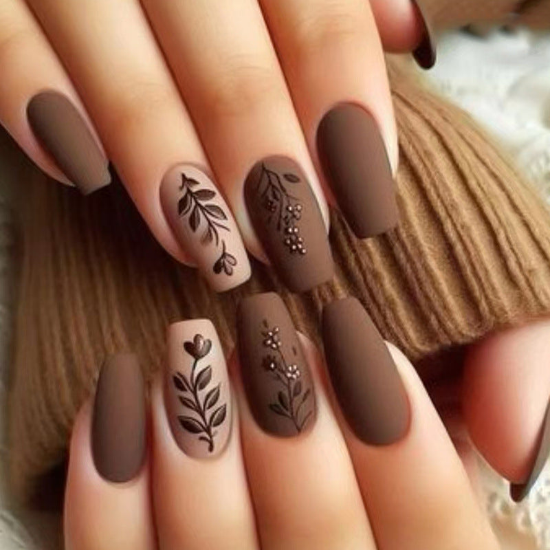 Autumn Elegance Medium Square Brown Matte Press On Nail Set with Botanical Design