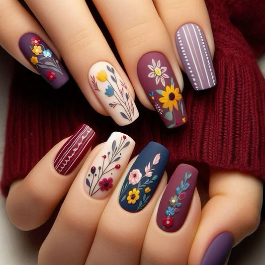 Bohemian Floral Design Medium Square Matte Nail Set in Rich Burgundy Navy White with Unique Botanical Prints