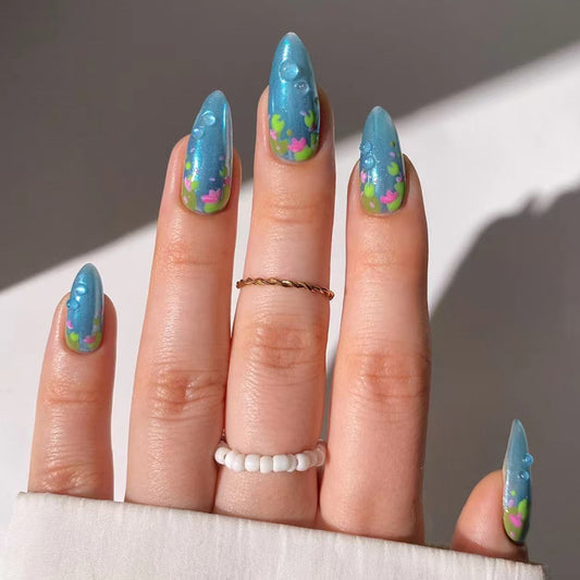 Aquatic Dreamland Long Almond Blue Press On Nail Set with Floral and Bubble Design