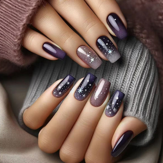 Celestial Dreamscape Medium Square Dark Purple Gradient Press On Nails with Glittering Star Accents