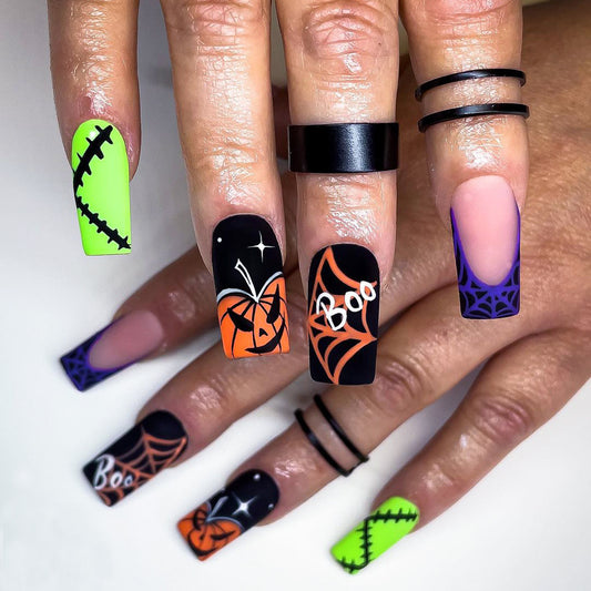 Spooky Vibes Square Shape Neon Green and Black Halloween Theme Press On Long Nail Set with Pumpkin and Spider Web Designs