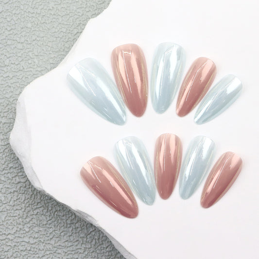 Elegant Harmony Long Almond Shaped Press On Nail Set in Pastel Blue and Soft Rose with Iridescent Finish