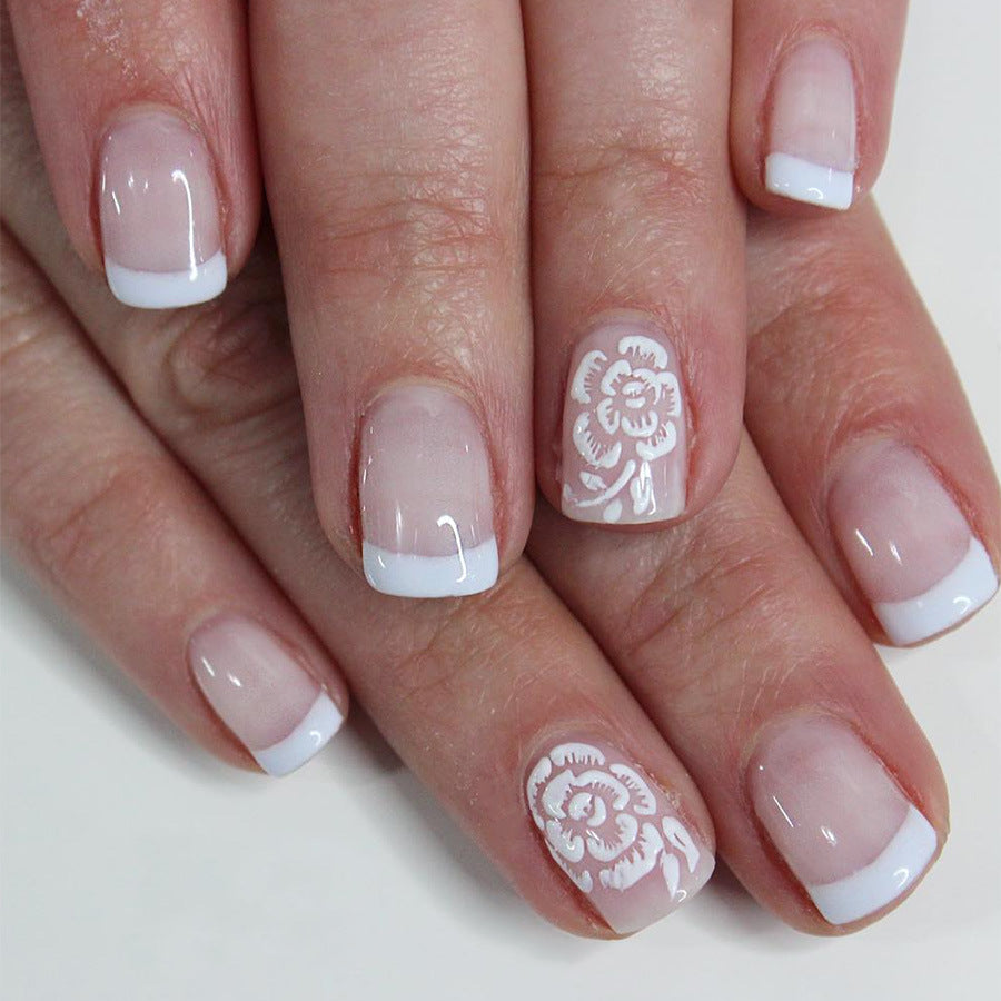 Timeless Floral Elegance Short Square Clear and White French Tip with Flower Accent Press-On Nail Set