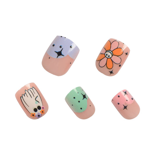 Spring Fantasy Medium Length Square Peach Press On Nail Set with Whimsical Animal and Floral Designs