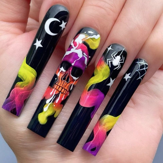 Spooky Vibes Long Square Shape Black and Neon Colorful Skull and Spider Design Press On Nail Set