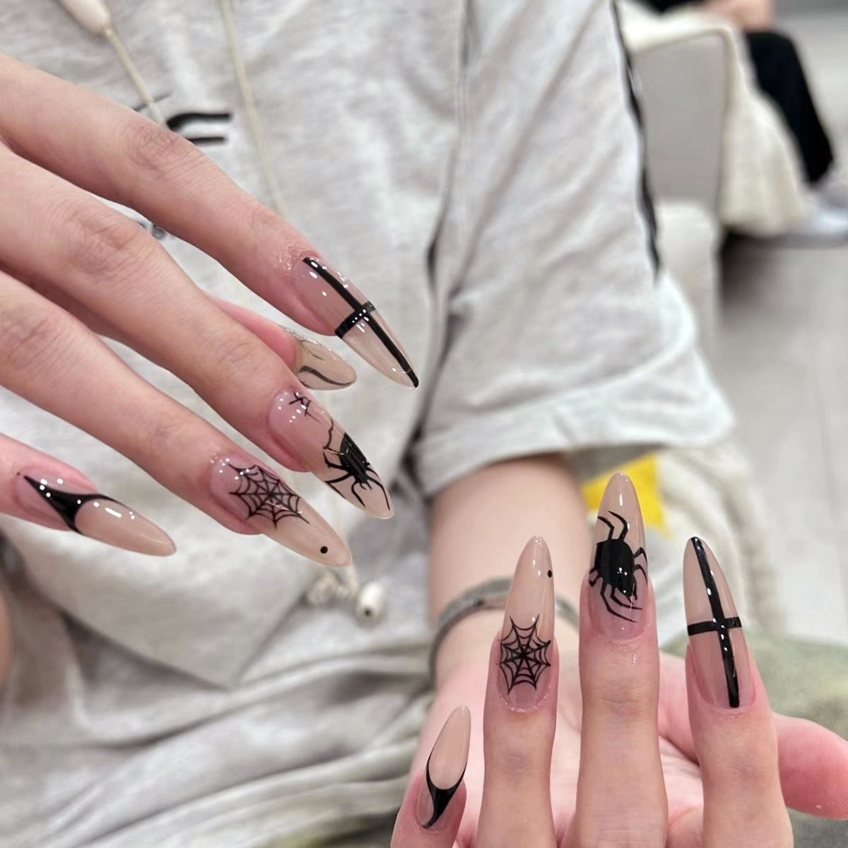 Spooky Spiderweb Long Almond Press On Nails Pink and Black with Unique Halloween Design