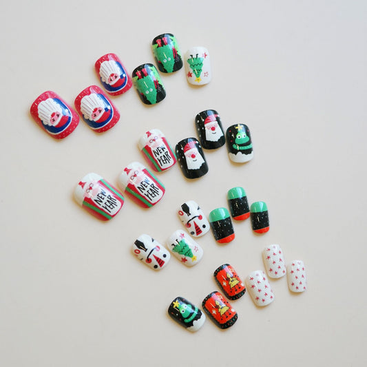 Holiday Cheer Festive Square Red Green Black White Press On Medium Nail Set with Fun Christmas Designs