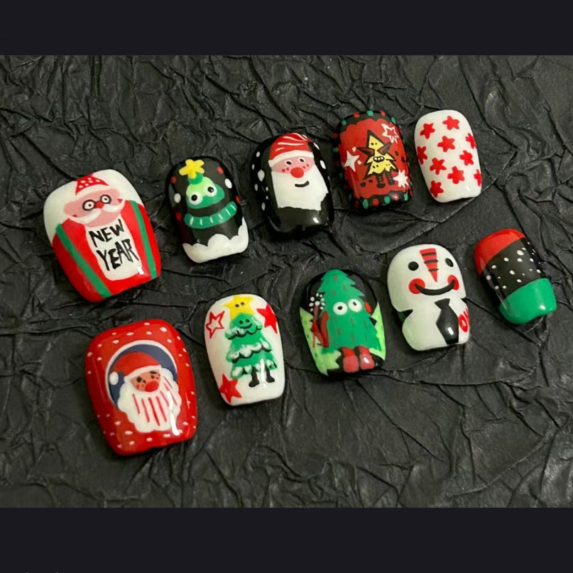 Festive Holiday Themed Medium Square Red Green White Multi-Character Press On Nail Set with Fun Seasonal Designs