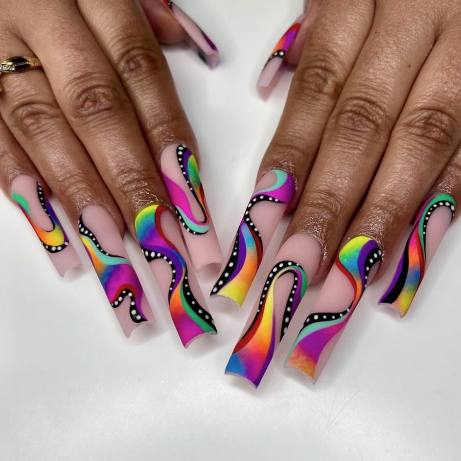 Vibrant Swirl Fantasy Long Square Press On Nails in Ombre Pink with Colorful Abstract Design and Dotted Accents