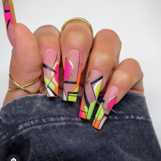 Vibrant Geometric Long Square Press On Nails Pink Green Orange with Glitter Accents