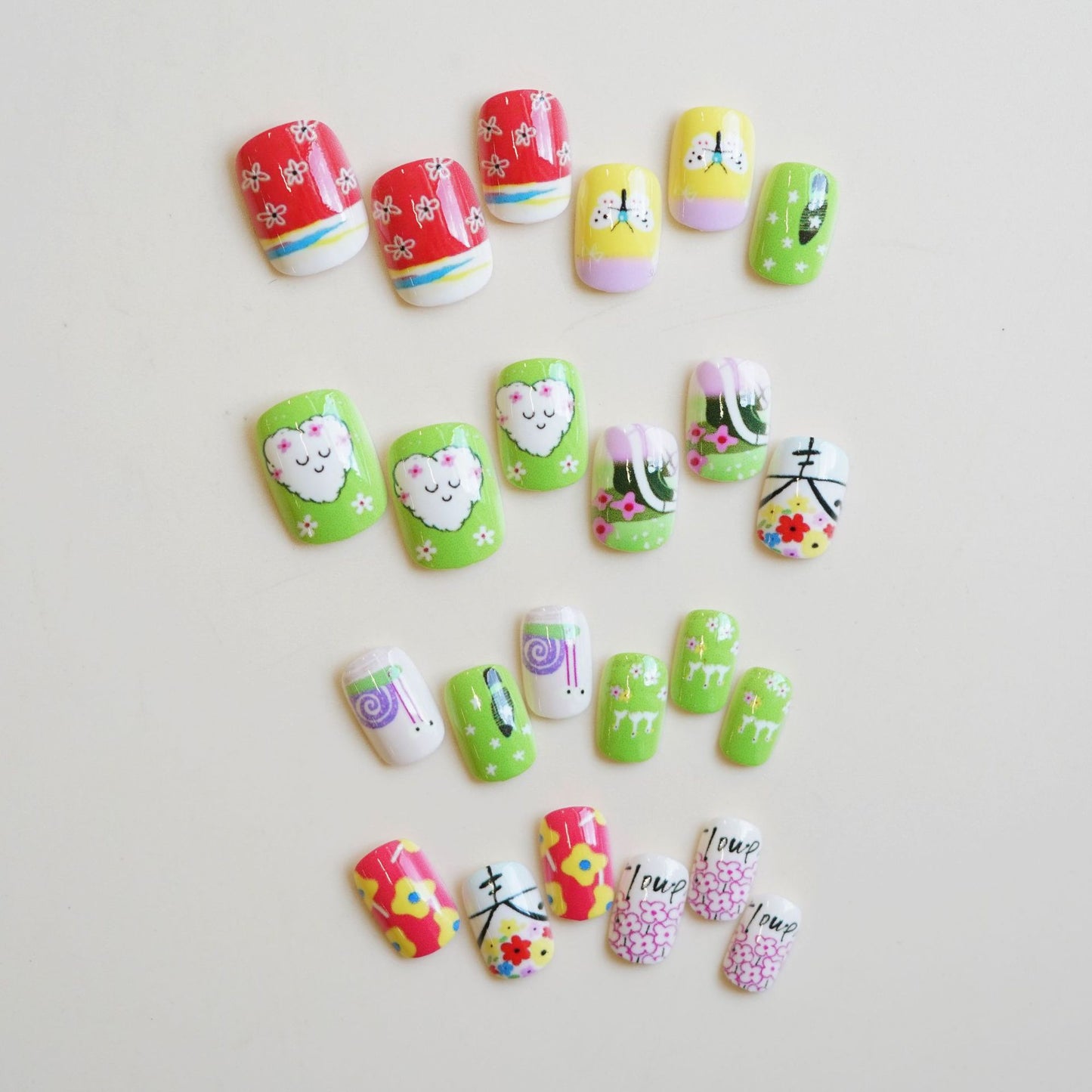 Springtime Whimsy Medium Square Multi-Colored Press On Nail Set with Playful Floral and Animal Designs