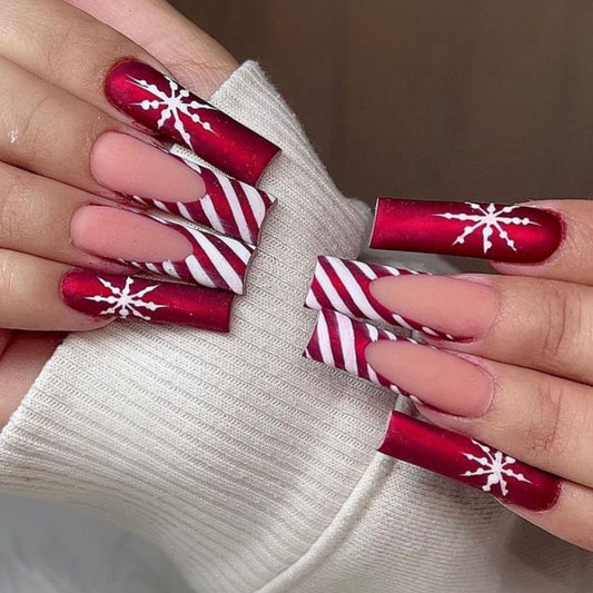 Winter Wonderland Extra Long Square Red and White Candy Cane Press On Nail Set with Snowflake Accents