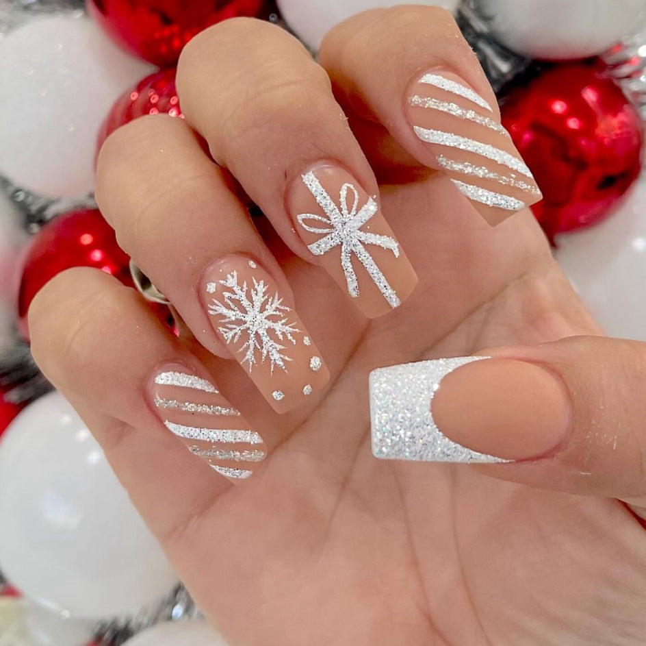 Winter Wonderland Long Square White Glitter Holiday Press On Nail Set