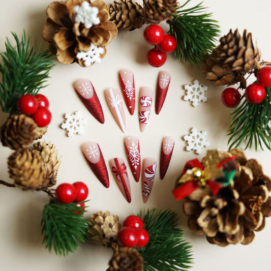 Holiday Magic Stiletto Long Red Glitter and Snowflake Press On Nail Set