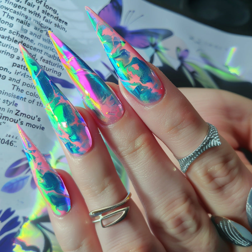 Neon Dream Long Stiletto Multicolor Marble Chrome Press-On Nail Set