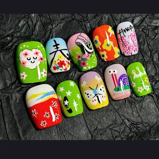 Garden Party Fun Green Square Medium Press On Nail Set Featuring Whimsical Floral Designs and Cute Characters