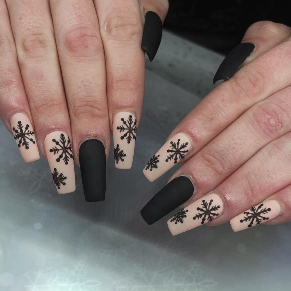 Winter Wonderland Long Coffin Black and Beige Press On Nail Set with Snowflake Design