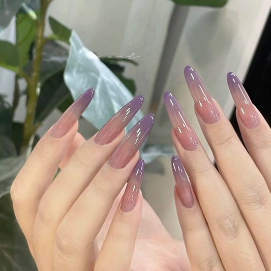 Mystical Ombre Long Almond Press on Nails in Lavender and Pink with Glossy Finish