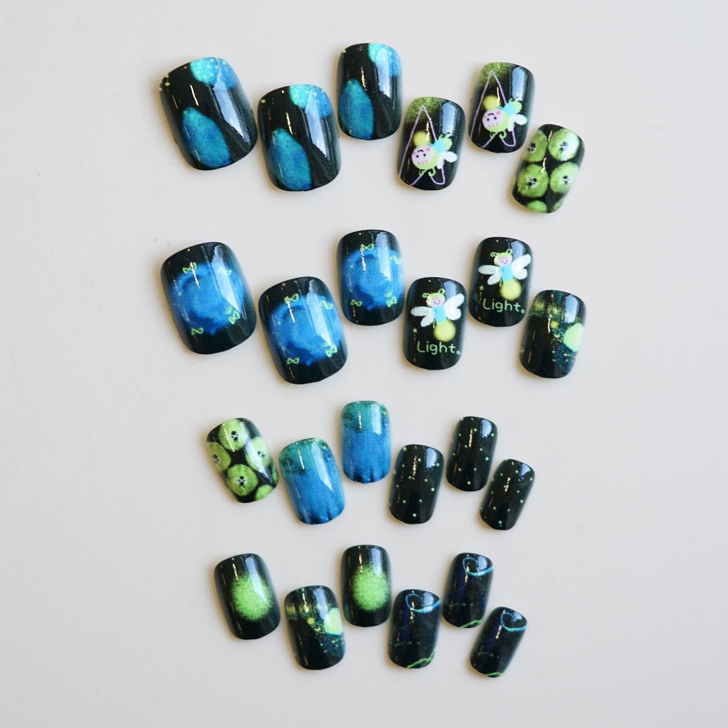 Enchanted Night Sky Medium Square Blue and Green Glow in the Dark Press On Nail Set