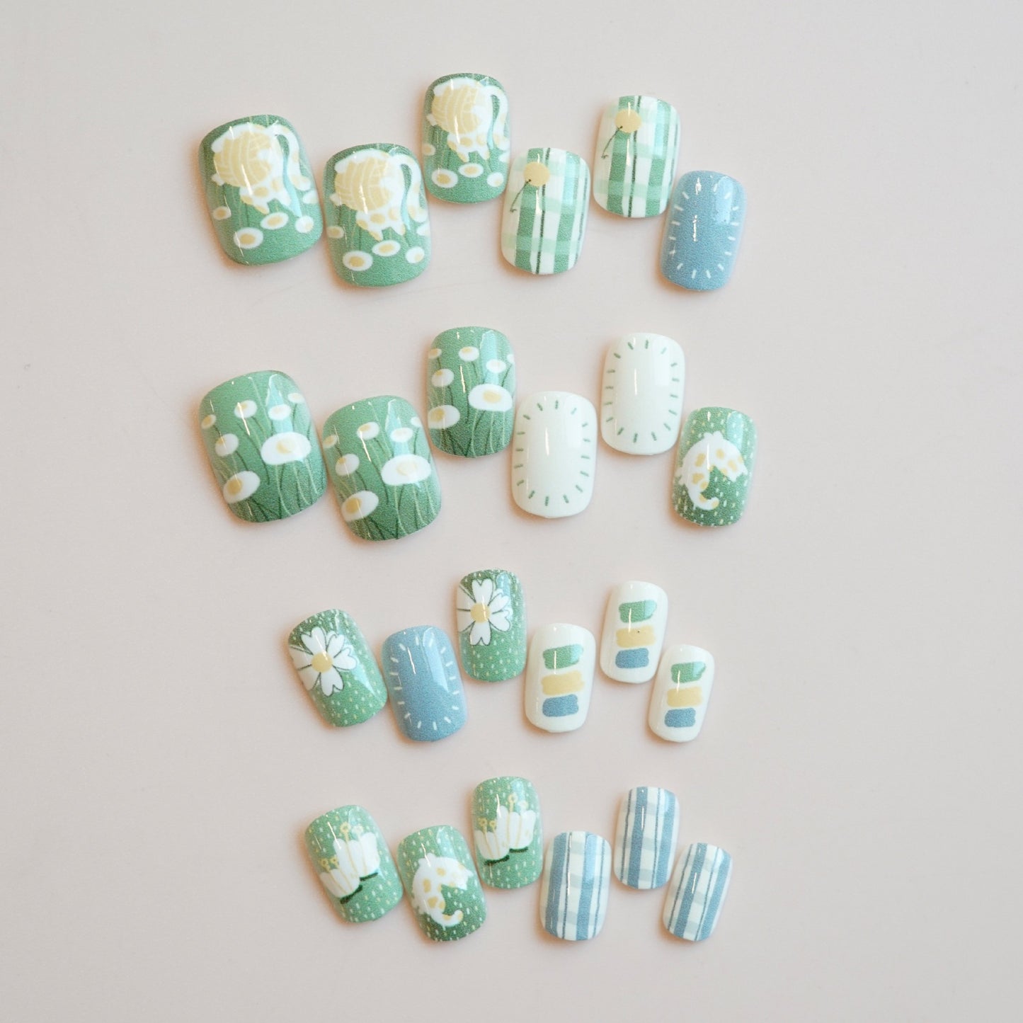 Garden Delight Medium Square Mint Green Press On Nail Set with Whimsical Floral and Clock Designs