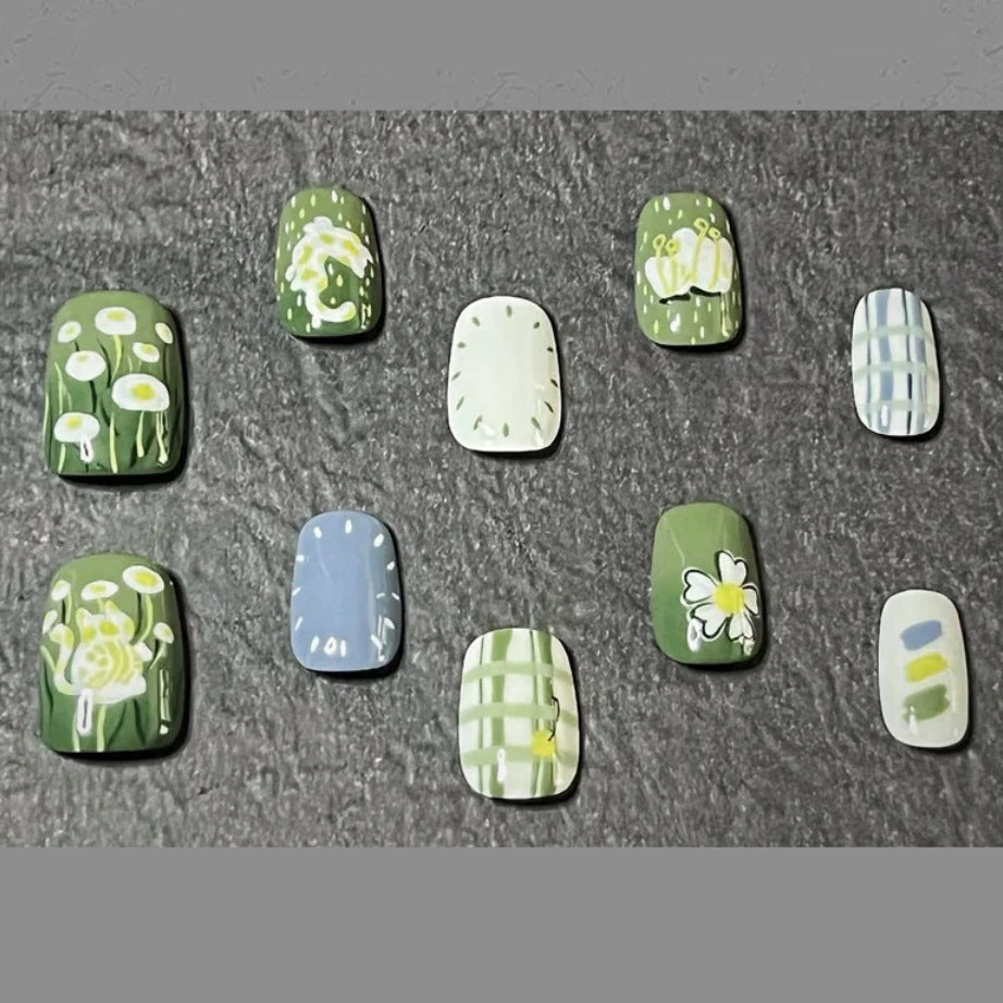 Floral Whimsy Press On Nail Set Medium Square Green Blue Unique Hand-Painted Designs