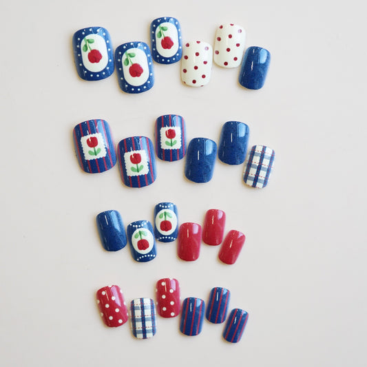 Charming Vintage Inspired Press On Nail Set Medium Square Blue Red and White with Floral and Polka Dot Designs for a Playful Retro Look