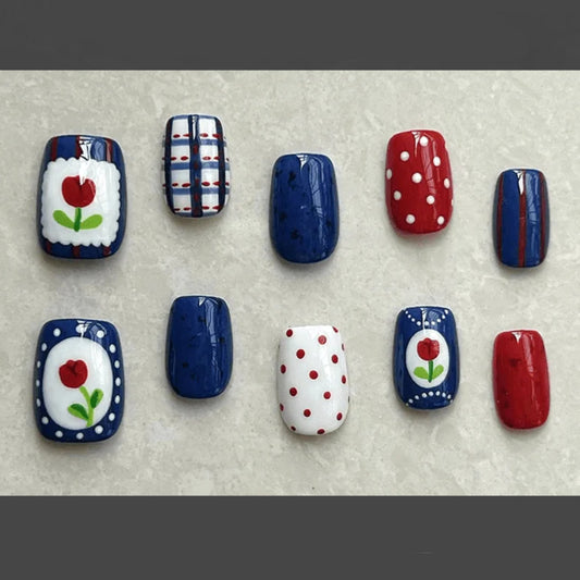 Nautical Floral Charm Square Press On Medium Nail Set Red Blue and White with Unique Rose Designs